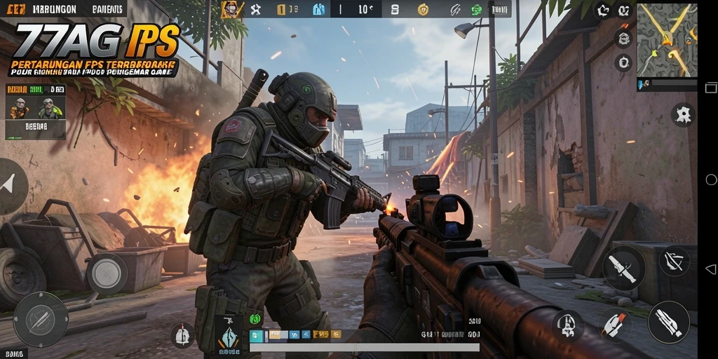 Tampilan gameplay menegangkan di 77AG dengan aksi FPS penuh adrenalin.