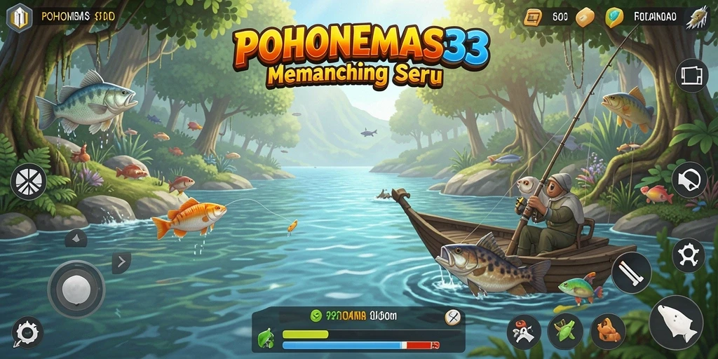 Screenshot POHONEMAS33 menampilkan aksi memancing yang mendebarkan di lautan.