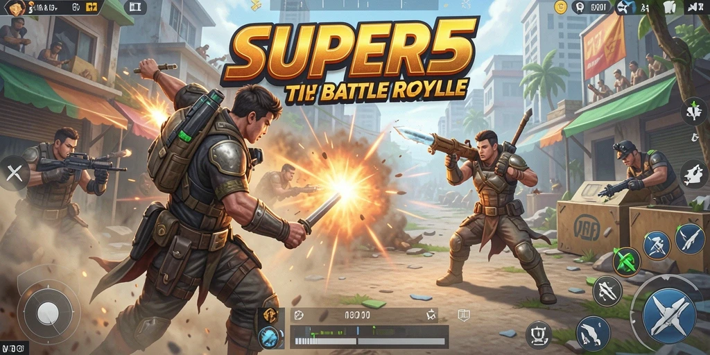 Screenshot gameplay SUPER5 yang menunjukkan pertarungan seru dalam Battle Royale.