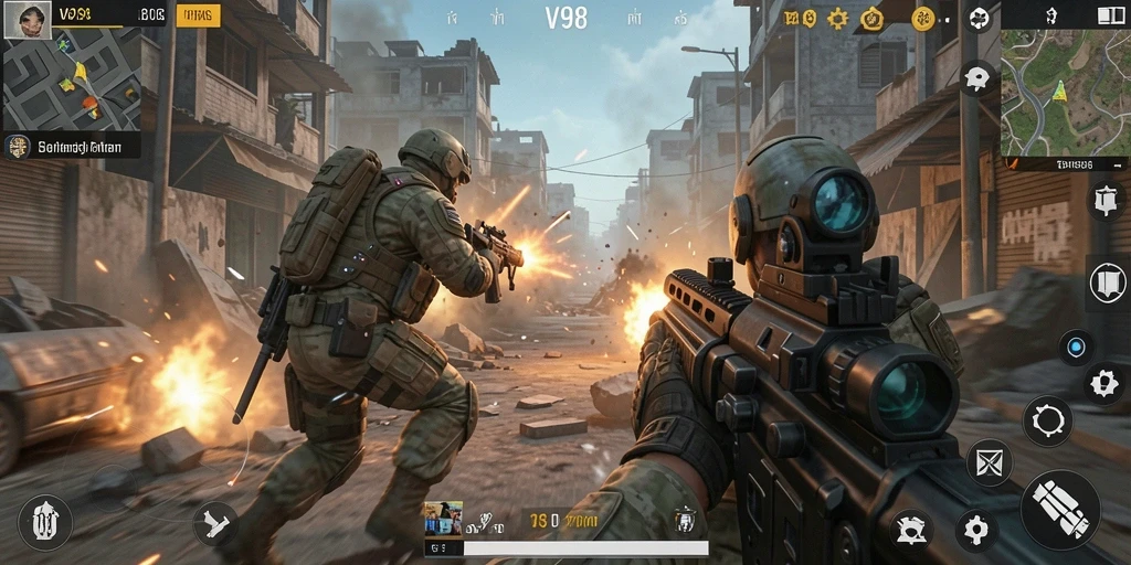 Screenshot gameplay V98 dengan aksi pertempuran yang intens.